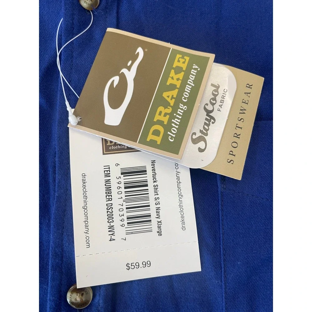 NWT Drake Clothing Co Mens Nevertuck Shirt SS Navy XL StayCool Cotton